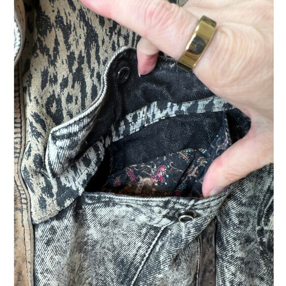 Winlit Vintage Tan Black Suede & Denim Acid Wash Animal Print Biker Jacket S - Picture 11 of 16